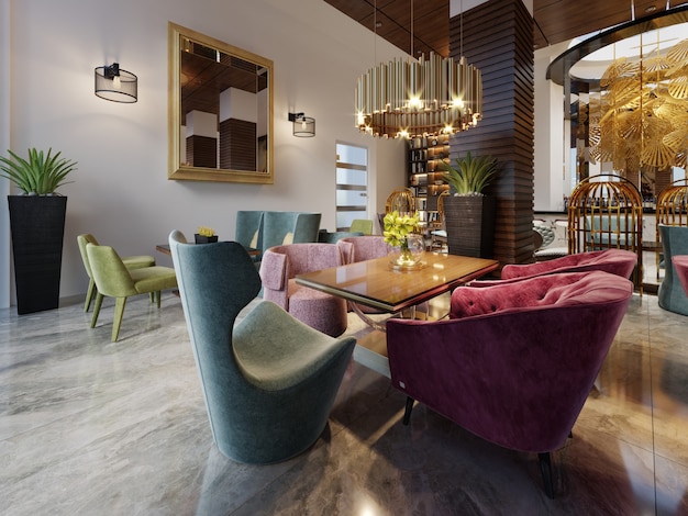 Interior de café de diseño europeo moderno de lujo en el centro con muebles coloridos. Representación 3d
