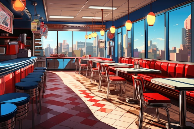 Interior de un café moderno con sillas y mesas rojas render 3d Un viejo restaurante estadounidense en el estilo del arte pop generado por IA