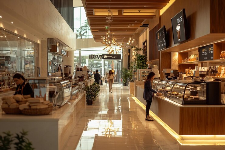 Interior de café ocupado con vitrinas y clientes en un entorno moderno IA generativa