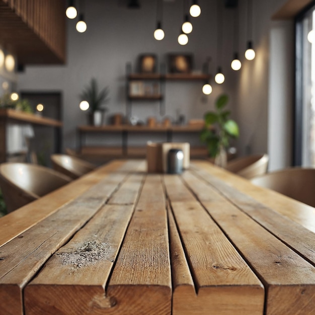 Interior de café rústico con mesa de madera e iluminación