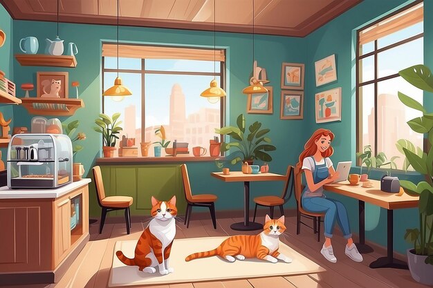 Interior de cafetería amigable para perros y gatos con muebles y equipos Mujeres de dibujos animados con mascotas