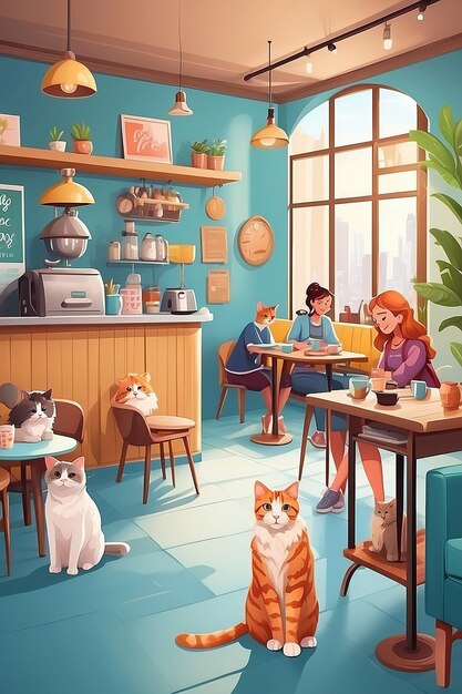 Interior de cafetería amigable para perros y gatos con muebles y equipos Mujeres de dibujos animados con mascotas