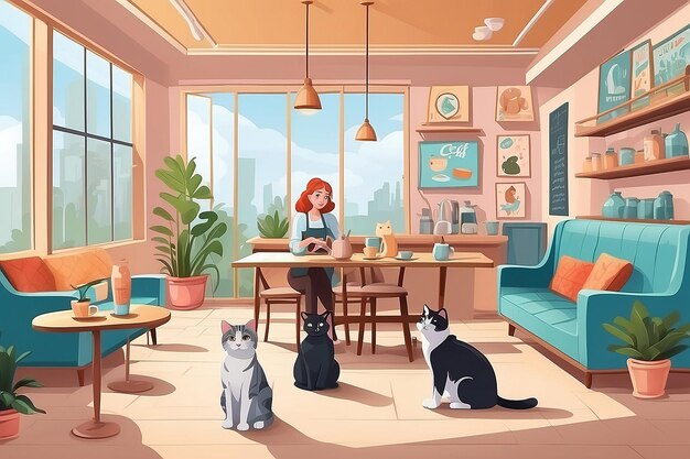 Interior de cafetería amigable para perros y gatos con muebles y equipos Mujeres de dibujos animados con mascotas