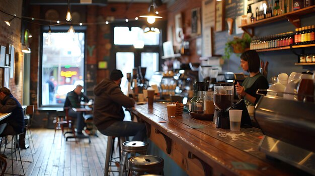 Foto interior de una cafetería con un cliente sentado en el mostrador y un barista trabajando detrás del mostrador