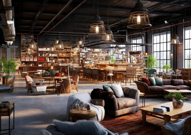El interior de una cafetería de estilo loft renderizado en 3D