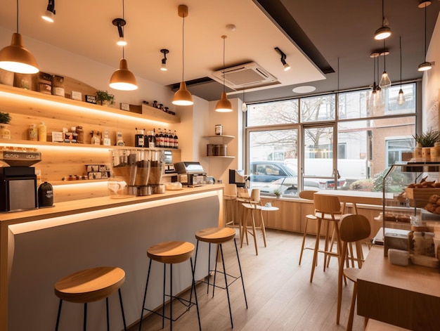 El interior de una cafetería con un gran ventanal que dice "café"