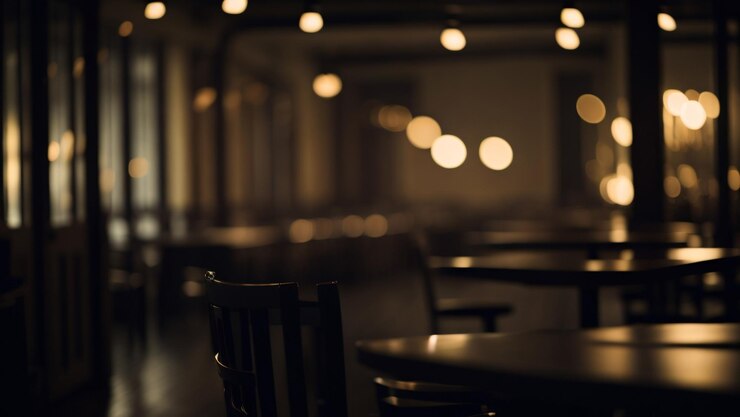 Interior de cafetería con mesas y sillas vacías de noche. Fondo borroso