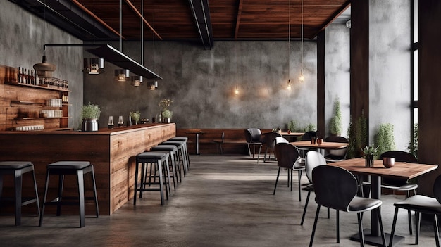 El interior de una cafetería moderna cuenta con sillas de bar, paredes de hormigón y suelo de madera IA generativa