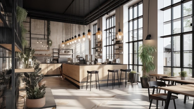 Interior de cafetería moderna de estilo loft paredes y pisos de hormigón gris mesas y sillas de madera abiertas