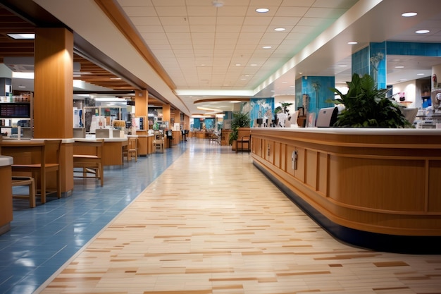 El interior de una cafetería moderna del hospital con paredes de azulejos azules y un piso de madera