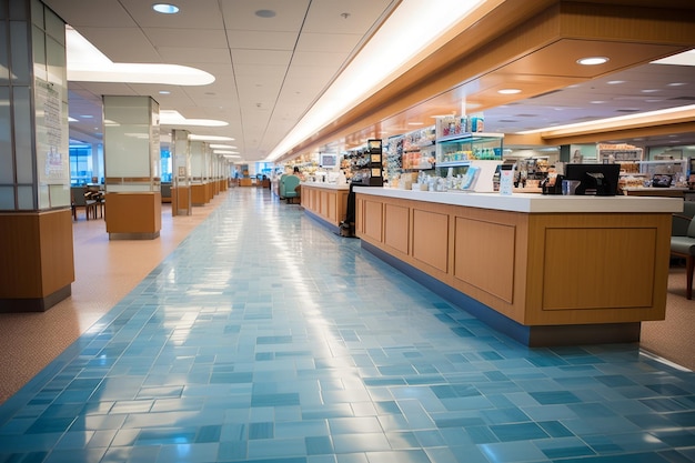 El interior de una cafetería moderna del hospital con suelo de azulejos azules