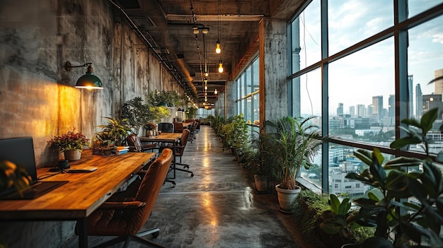 Interior de una cafetería moderna con mesas y sillas de madera en estilo loft