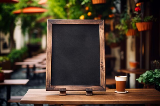 Interior de cafetería moderno con pizarra vintage vacía y mesa de madera