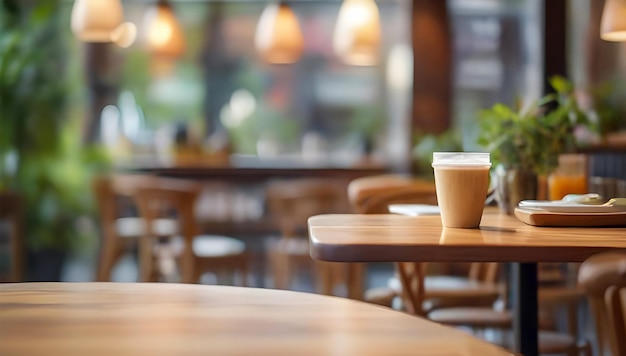 interior de la cafetería y el restaurante del café Fondo borroso con espacio de copia mesa de madera vacía