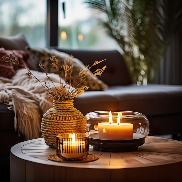 Interior cálido y acogedor con velas encendidas decoración de la habitación por la tarde arreglo de decoración creativa