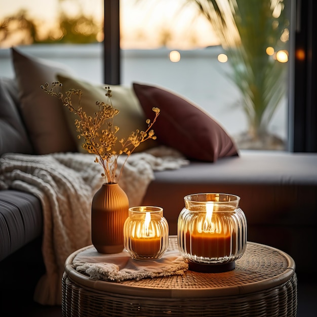 Interior cálido y acogedor con velas encendidas decoración de la habitación por la tarde arreglo de decoración creativa