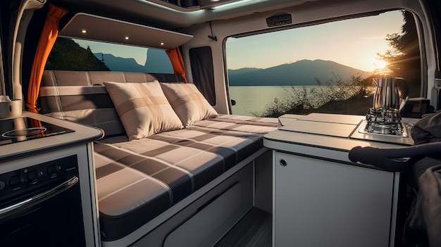 Interior de caravana bien diseñado con un prado matutino y vista al lago Confort moderno