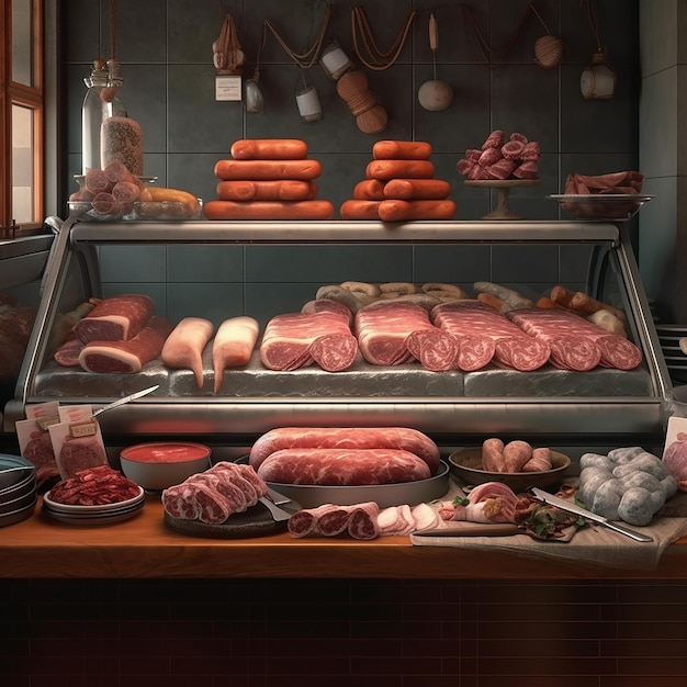 El interior de la carnicería muchos tipos diferentes de carne salchichas jamón en el mostrador fondo de alimentos