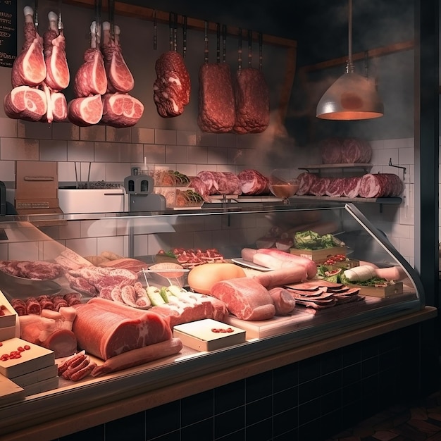 Interior de la carnicería muchos tipos diferentes de salchichas de carne jamón en el fondo de la comida del mostrador