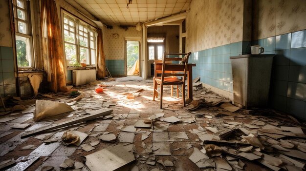 Foto interior de una casa abandonada con azulejos de amianto agrietados