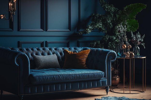 Interior de casa azul oscuro de estilo hipster con muebles antiguos