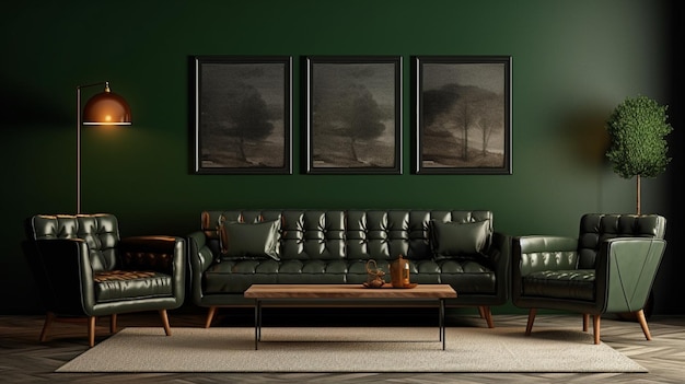 Interior de una casa de color verde oscuro con sofá de cuero marrón y decoración con tres marcos verticales de madera