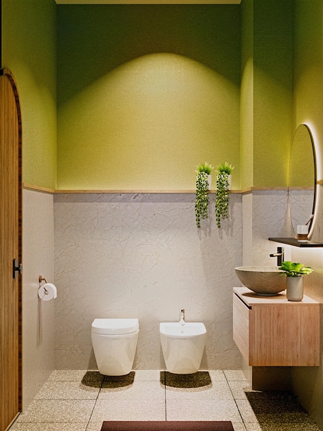 Interior de la casa en colores neutros baño verde iluminado 3d render