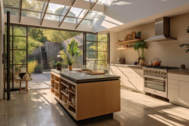 El interior de una casa contemporánea con una cocina y una puerta abierta adyacente