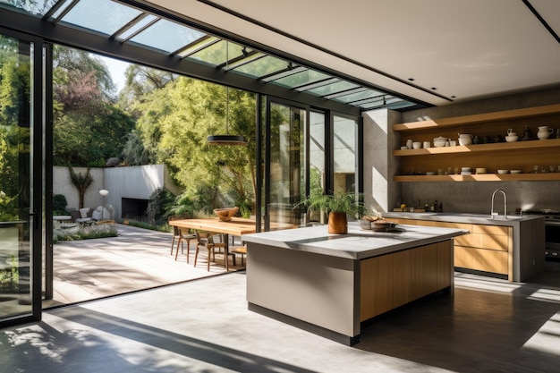 El interior de una casa contemporánea con una cocina y una puerta abierta adyacente