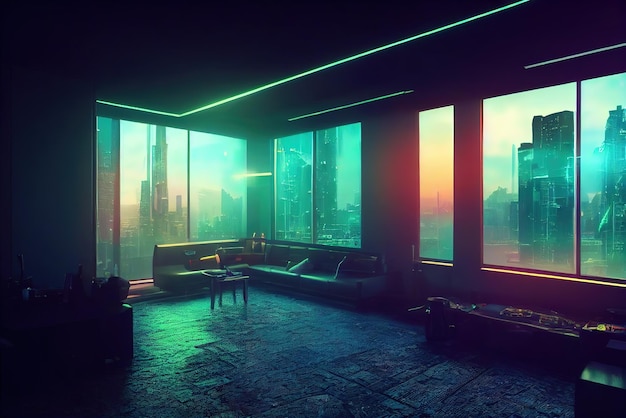 Interior de la casa en contornos de retroiluminación de neón de estilo anime Vista desde la ventana en la ciudad cyberpunk