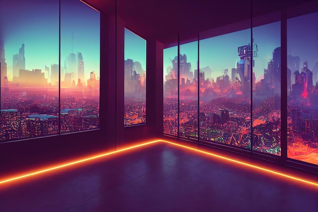 Interior de la casa en contornos de retroiluminación de neón de estilo anime Vista desde la ventana en la ciudad cyberpunk