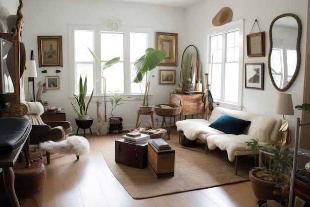 Interior de una casa costera con una decoración ecléctica y vintage