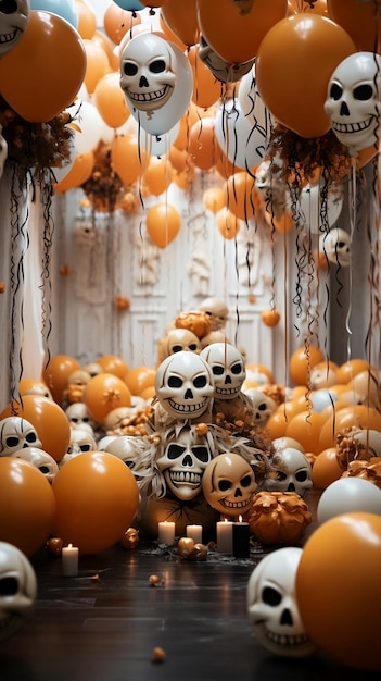 interior de la casa decorada para calabazas de Halloween globos y arañas fiesta de Halloween