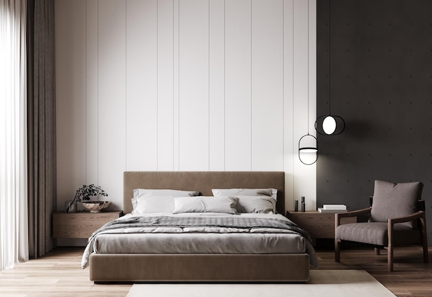 Interior de la casa dormitorio de estilo escandinavo maqueta renderizado 3d