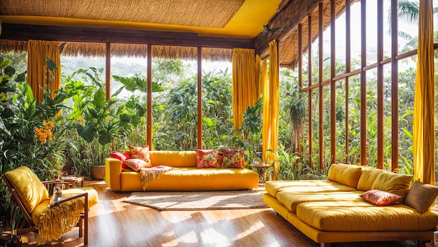 Interior de una casa ecológica con hojas tropicales.