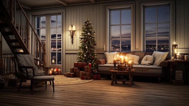 Interior de una casa escandinava por la noche con pisos de madera árbol de Navidad con velas vintage