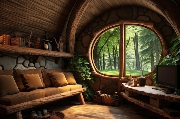 Foto el interior de la casa del hobbit en la cabaña del bosque