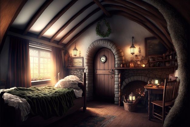 Interior de la casa Hobbit dentro de una cabaña de madera de fantasía en el bosque IA generativa