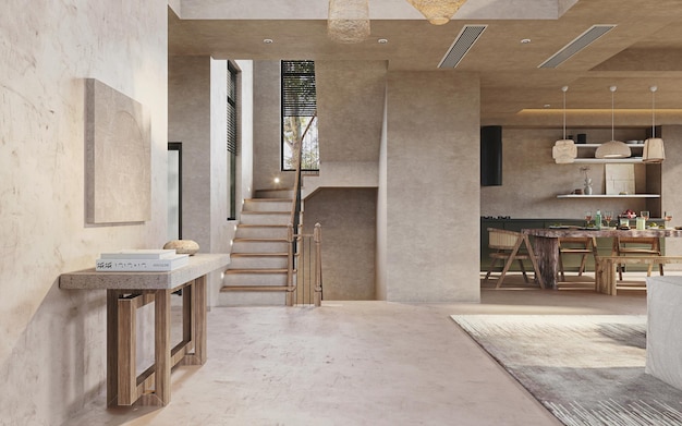 El interior de la casa de hormigón minimalista