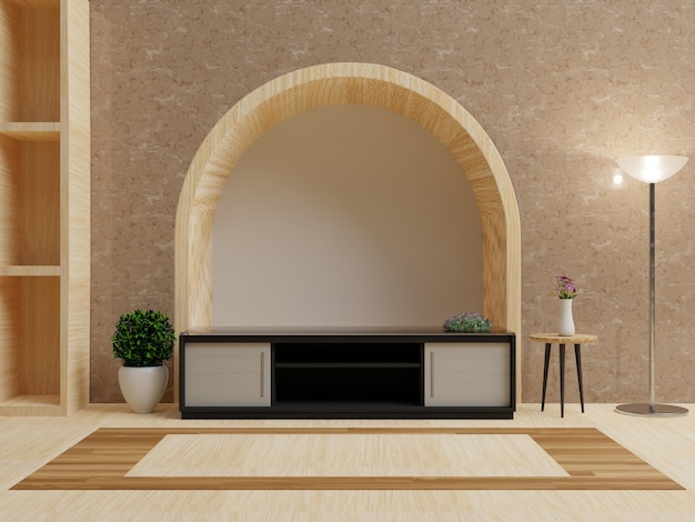 Interior de casa de lujo con planta de mesa y un gabinete de televisión 3d renderizado