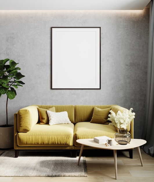 Interior de la casa con maqueta de marco de póster, cómodo sofá amarillo en pared gris con muebles de madera y plantas, render 3d