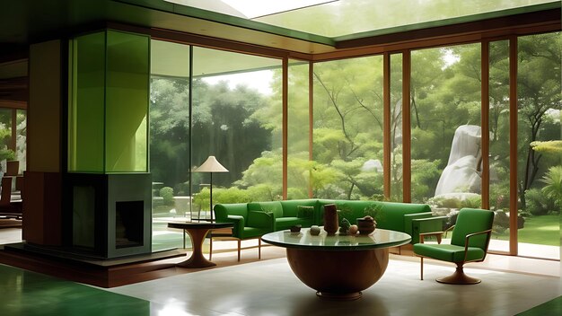 Interior de casa de mármol verde de mediados de siglo Elegancia moderna en resolución de 8k