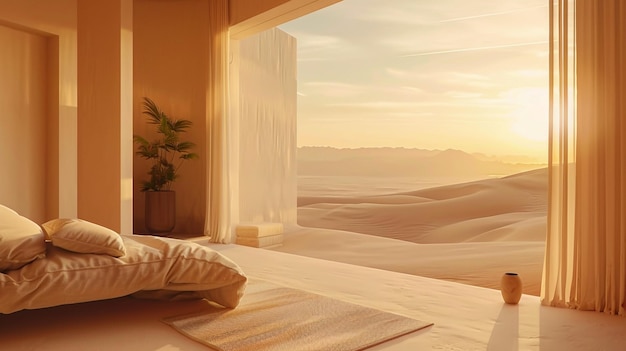 Interior de una casa minimalista en el desierto con ventanas panorámicas