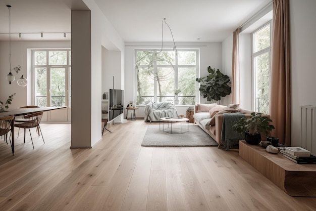 Interior de una casa minimalista con influencias escandinavas con pisos de madera y diseño minimalista