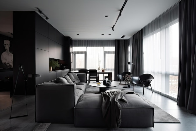 Interior de una casa minimalista con muebles elegantes y toques modernos