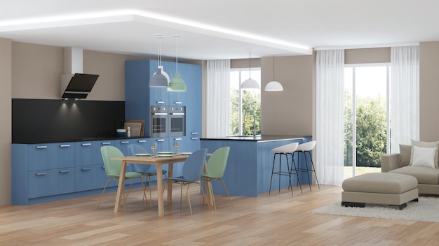 Interior de la casa moderna. Cocina Azul. Representación 3D.