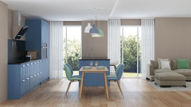 Interior de la casa moderna. Cocina Azul. Representación 3D.