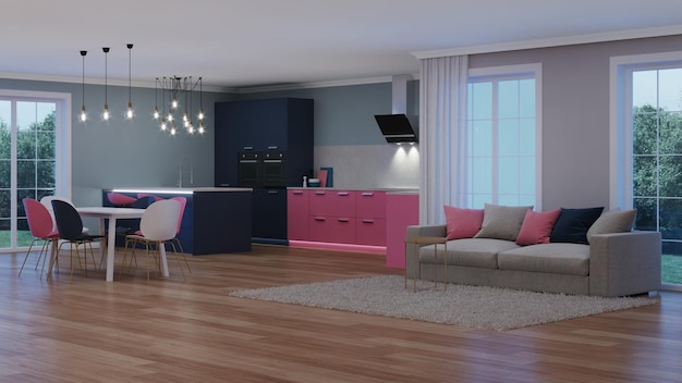 Interior de la casa moderna. cocina rosa. Noche. Iluminación nocturna. Fuentes de luz artificiales. Representación 3D.