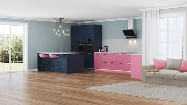 Interior de la casa moderna. cocina rosa. Representación 3D.