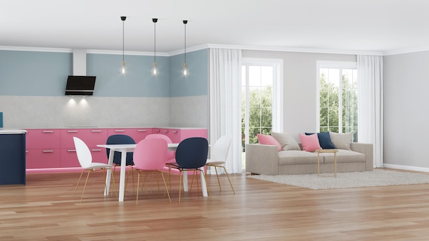 Interior de la casa moderna. cocina rosa. Representación 3D.